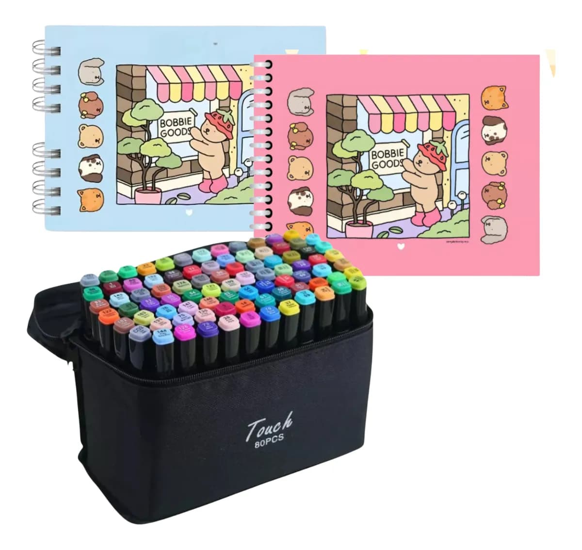 Kit Bobbie Goods 80 Canetas Touch Ponta Dupla + Livro Colorir Capa Dura + Bolsa